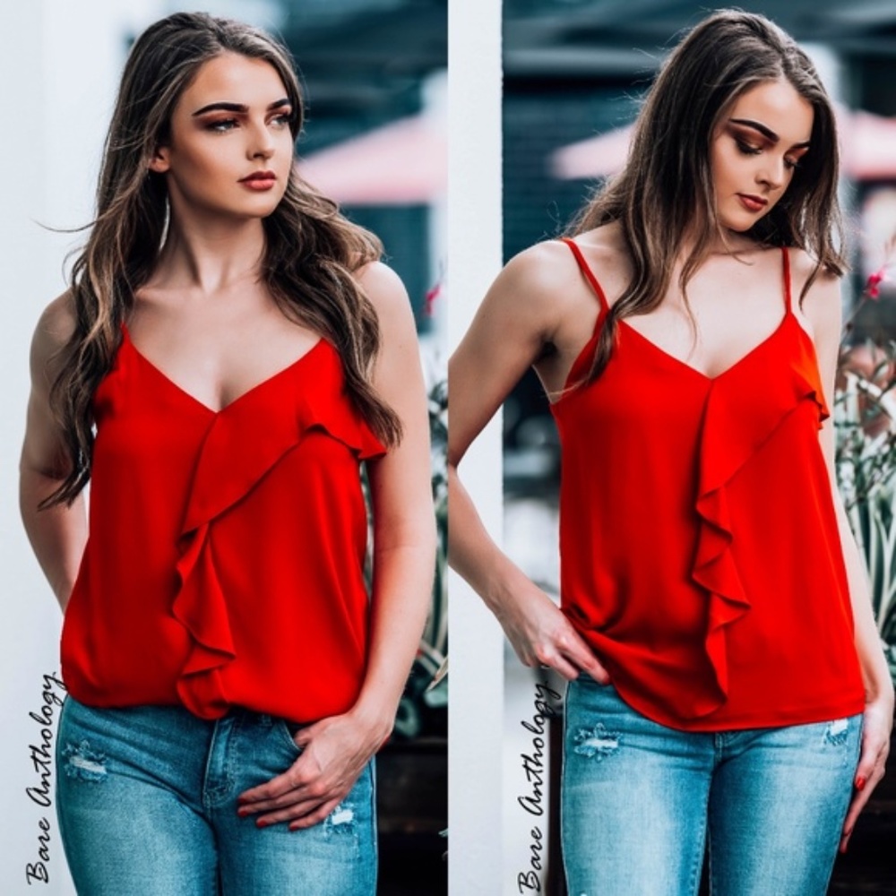 016 Vibrant Red Ruffle Cami Tank Top